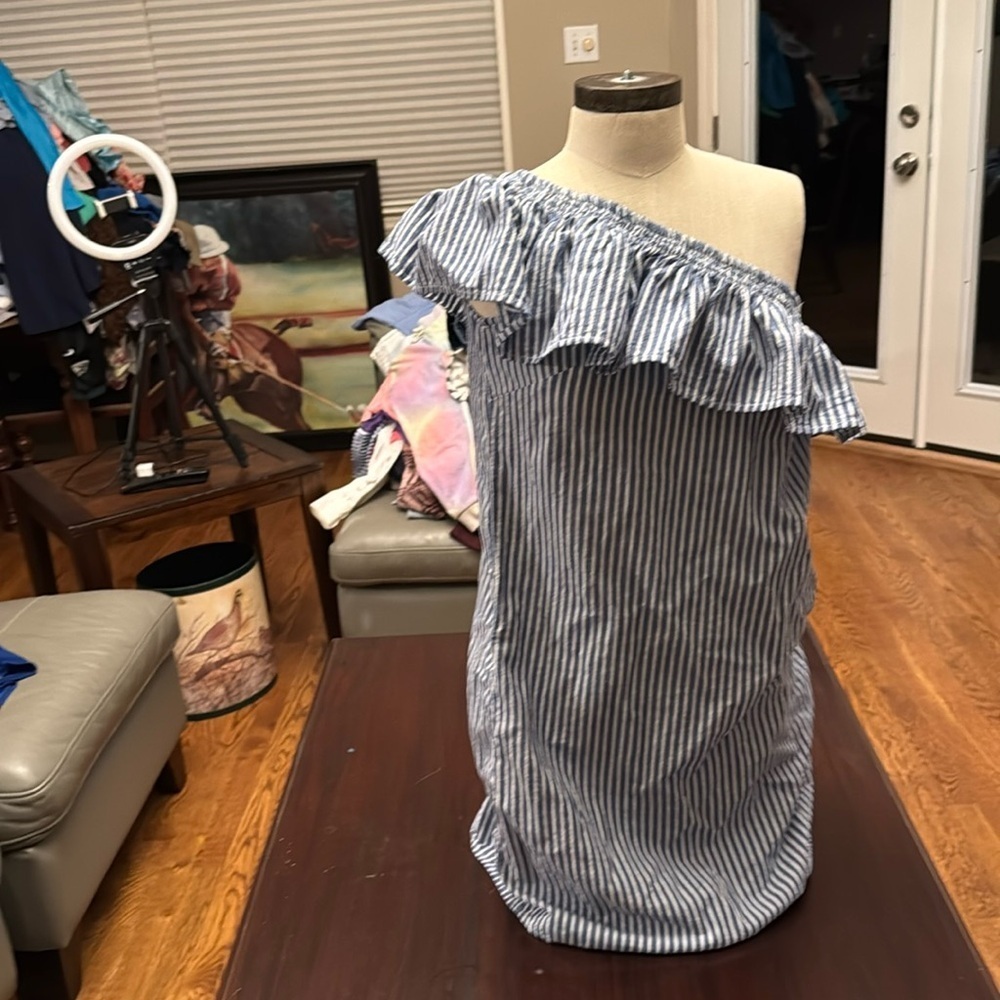 Beachlunchlounge blue white striped cotton one shoulder ruffle dress size M